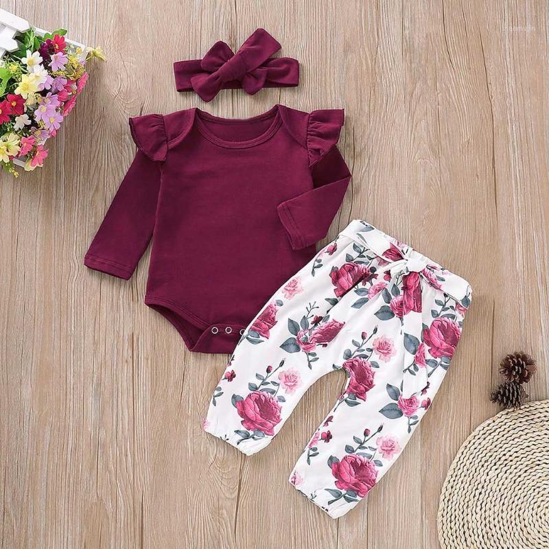 

Kids Clothes Girls Winter Long Sleeves Solid Romper Tops+floral Pants+headbands Set 3 Pcs Unisex Outfits 6-24m Ropa Para Niña1, Red