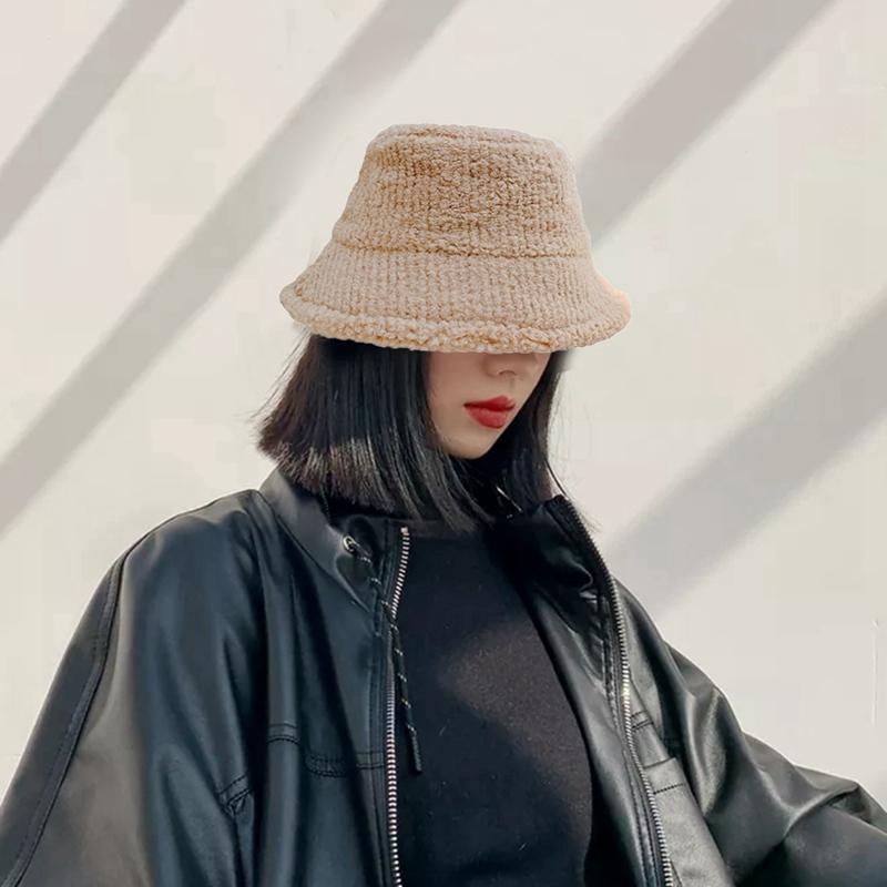 

Women Bucket Hat Girl Cute Lamb Cashmere Warm Pure Color Fisherman Cap Autumn Winter Simple Thick Student Sweet Basin Hats, Kk