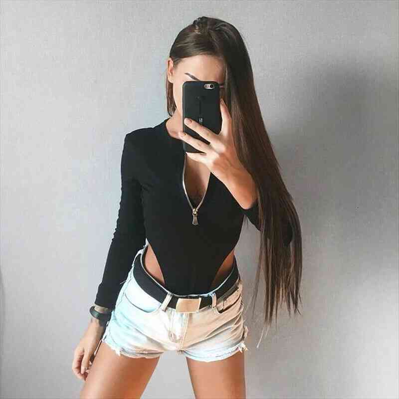 

women bodysuit bodycon jumpsuit chest zipper leotard clothes, Black;white