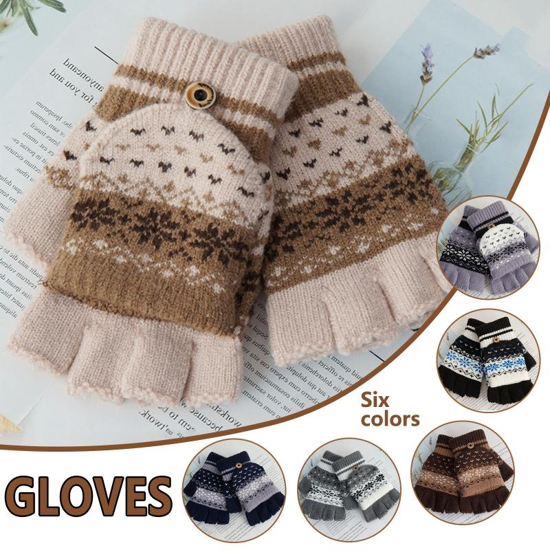 

Adults Women Men Winter Creative Fashion Snowflake Printing Keep Warm Cashmere Lovely Thick & Warm Weave Knitted Flip Gloves