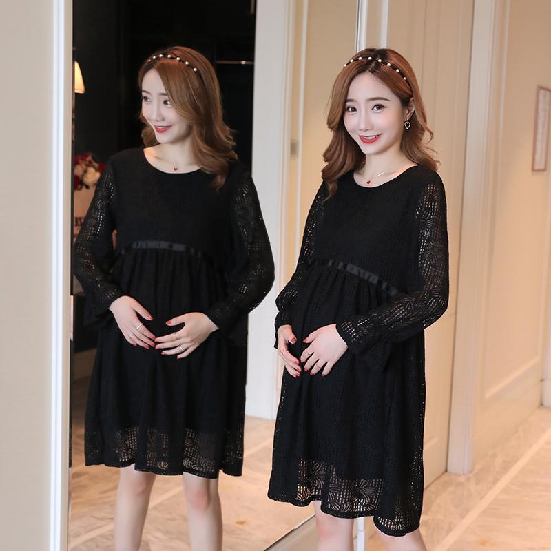 

Long Sleeve Hollow Out Lace Pregnant Women Dress High Waist Flare Sleeve Sweet Maternity Dress Pregnancy Work Black White, Beige