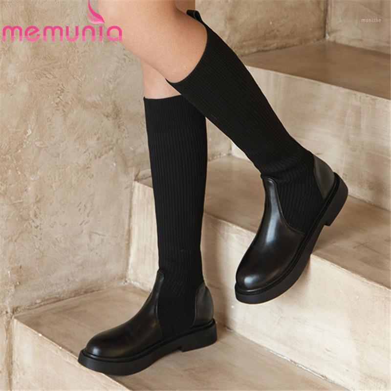 

MEMUNIA 2021 New Arrive Knee High Boots Women Genuine Leather +Knitting Stretch Boots Women Low Heel Casual Shoes Ladies1, Black not fur