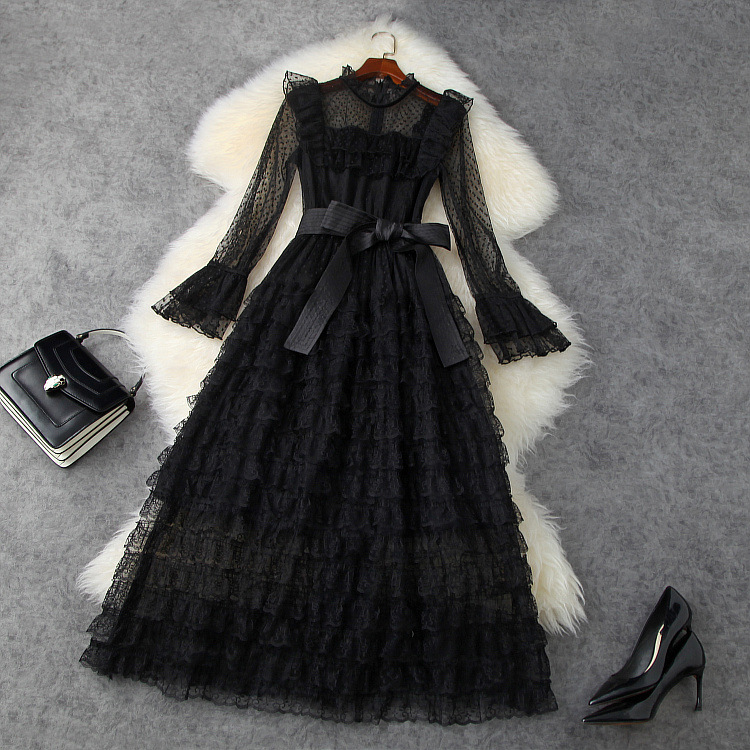 

2021 Spring Long Sleeve Round Neck Black / Red Pure Color Tulle Tiered Belted Mid-Calf Dress Elegant Casual Dresses LD16T11712