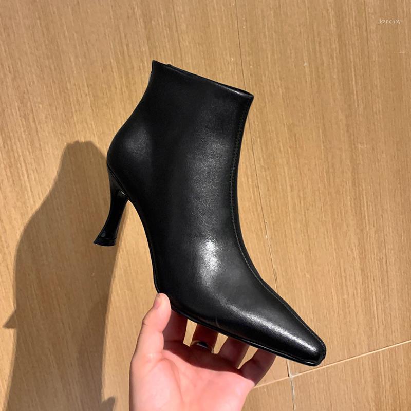 

Elegant Genuine Leather thin Heels ladies boots Shoes Woman Fashion Pointed Toe High Heels Boots party Wedding Ankle1, Beige