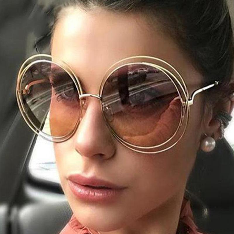 

Sunglasses Vintage Oversized Women Metal Frame Brown Gradient Round Female Big Shades Double Circle Rim