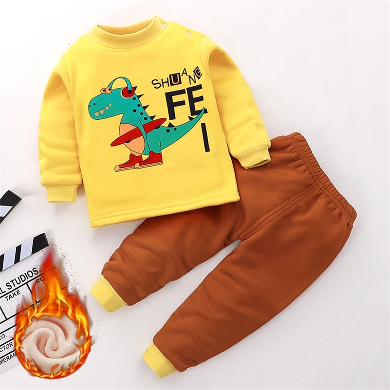 

2020 Kids Thermal Underwear Suits Baby Boys Girls Cartoon Clothes Autumn Winter Plus Velvet Thickened Pajamas Children Pijamas LJ201216