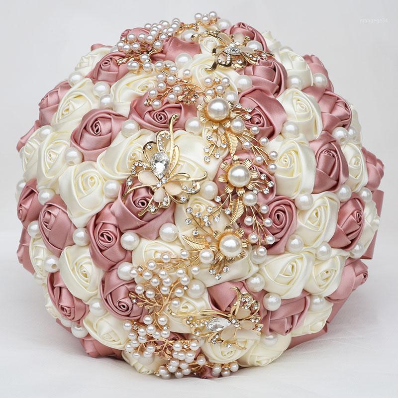

7colors Pearls Bridal Wedding Rose Bouquets Elegant Bouquet Bridesmaid Hand Holding Fake Flowers Gold Diamonds Party Gift W322G1, White