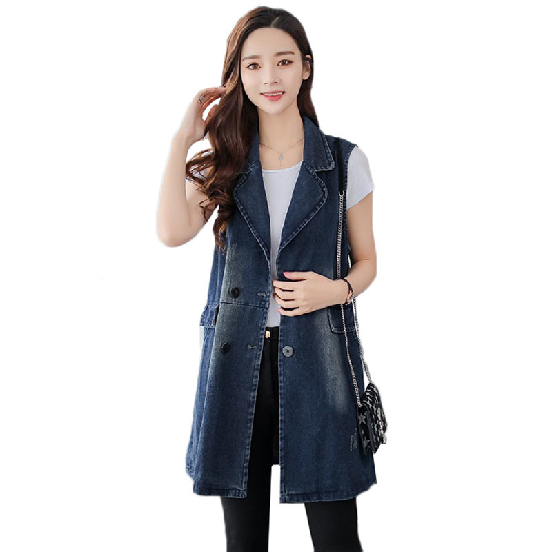 

2021 Large Size Women Jeans Vest Spring Autumn New Korean Style Long Denim Coat Female Casual Sleeveless Cardigans Jacket Y157 4mae, Blue