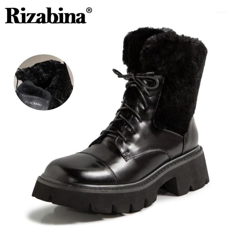 

Rizabina Women Real Leather Shoes Half Short Boots Winter Warm Plush Fur Boots Women Fashion Lace Up Footwear Size 34-391, Wine red