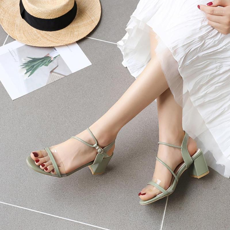 

Transparent splice buckle thick heel open toe simple fashion sandals summer new women's shoes1, Green