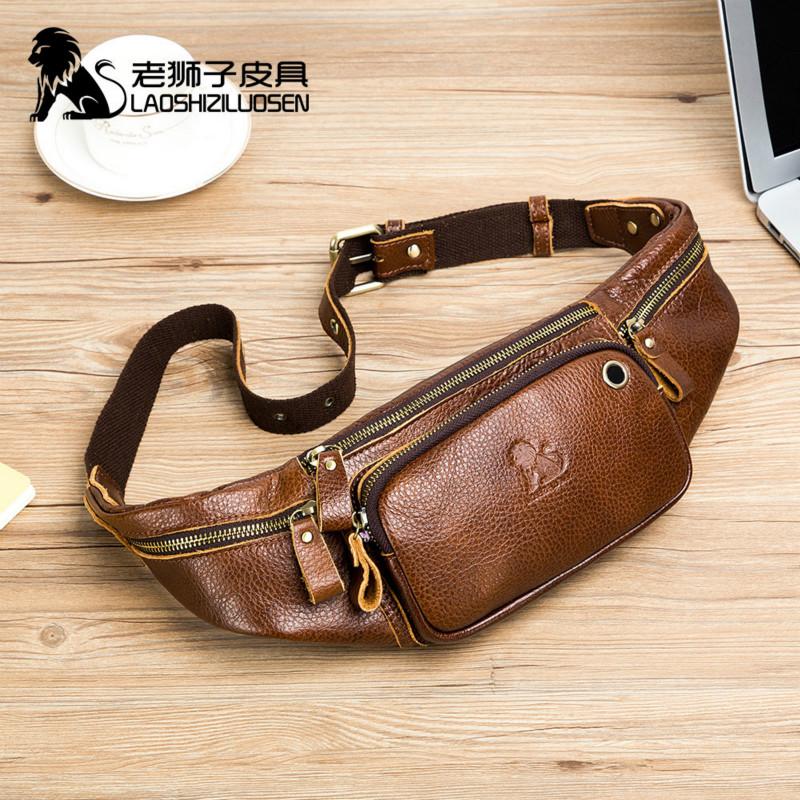 

LAOSHIZI Genuine Leather Waist Packs Fanny Pack Belt Bag Phone Pouch Bags Travel Waist Pack Male Small Bag Leather Pouch, Brown
