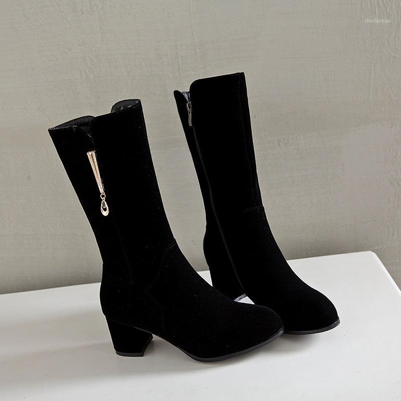 

NASBAVI Autumn and Winter New Fashion Suede Leather Plush Lining Round Toe Women's Side Zipper Mid-Calf Boots High Heels1, Red