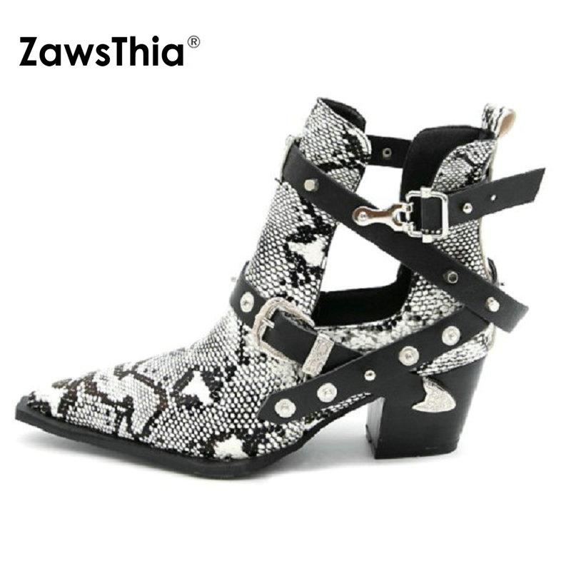 

ZawsThia 2020 Spring Autumn Snake Skin Print PU Woman Boots Gothic Punk Stylish Ankle Shoes Stud Rivets, Blue