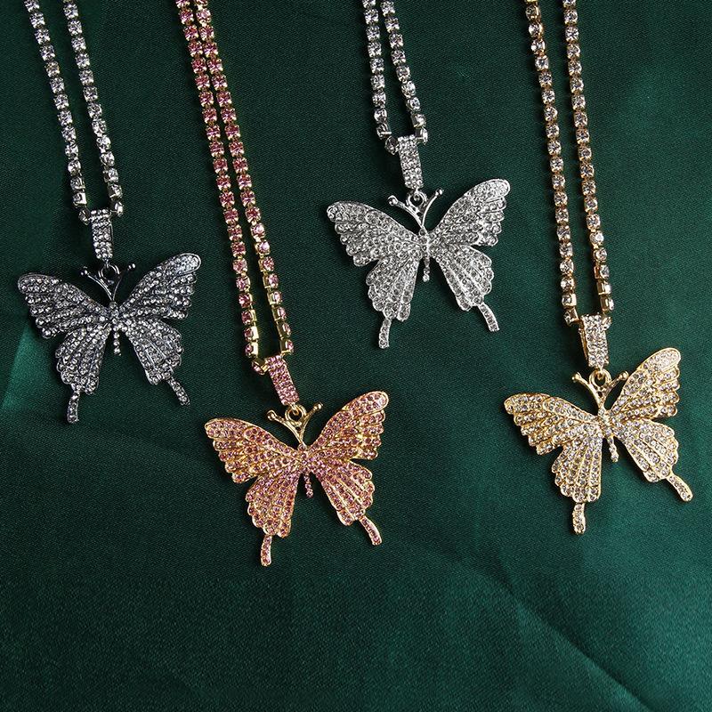 Fashion Style Hiphop Necklace Butterfly Pendant Necklace  Diamond Women Iced Out Bling Butterfly Necklace Jewelry