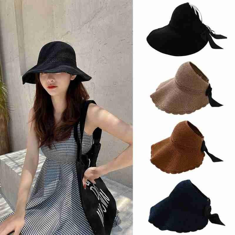 

Empty Straw Bow Sun Hat Women Uv Protction Caps Cutout Beach Hat Women Sun Cap Knitted Ribbon Accessories