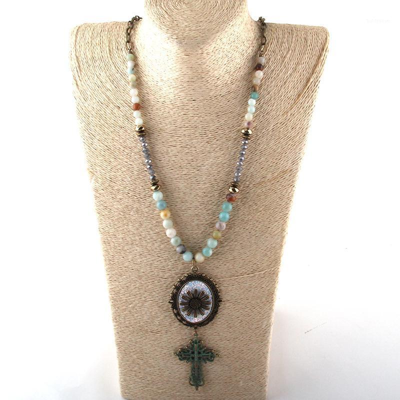 

Dropship Fashion Jewelry Amazonite Natural Stone & Glass Crystal Long Chain Cross Pendant Necklaces For Women Ethnic Necklace1