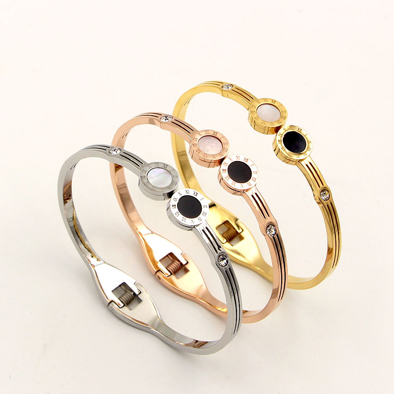 

Fashion Stainless Steel Better Double Shell Crystal Round Roman Numerals Bangle Bracelet Rose Gold Color Woman Party Gift