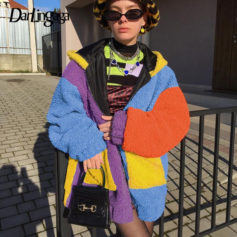 Women's Jackets Fashion Winter Coat Patchwork Lamb Wool Autumn Jacket Long Pockets Hooded Clothes Women Contrast Color Outwear