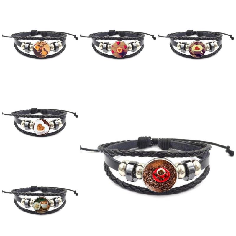 

EJ Glaze Glass Cabochon Jewelry With Statement Black Leather Bracelet Bangle For Women Jewellery Heart Coffee