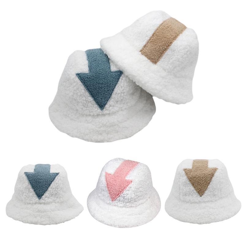 

Unisex Winter Thicken Fuzzy Plush Warm Bucket Hat Harajuku Hip Hop Vintage Arrow Symbol Patchwork Panama Fisherman Cap, White