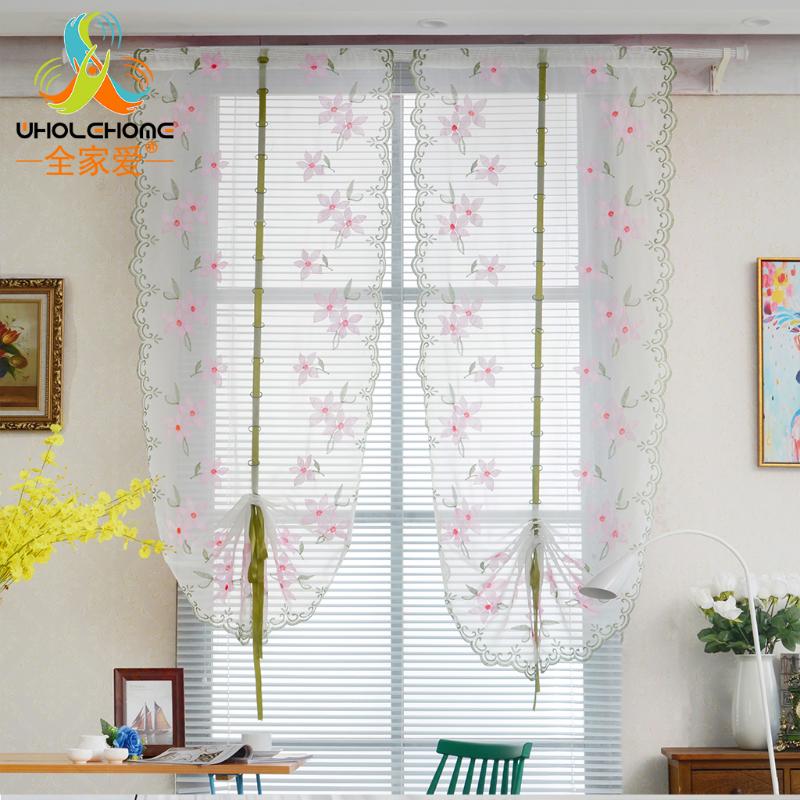 

1PCS/Lot Floral Peach Blossom Roman Curtains Tulle Pastoral Voile Panel For the Kitchen Window Curtain Living Room Bedroom Tulle, Rod pocket