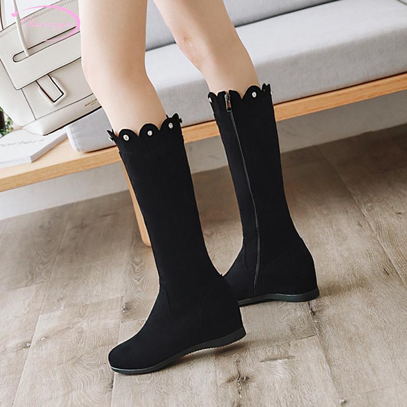 

Casual style round toe flock knee-high rivets buttons slip-on apricot black high-heeled increasing riding boots women's shoes, Black for autumn