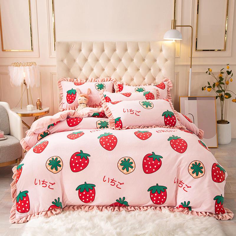 

Pink Strawberry Milk Down Bedding Set Reactive Print AB Version Design Bed Set Cover/Sheet/Pillowcases Queen/King Size, Colour 3