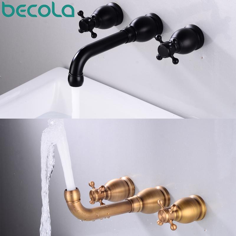 

BECOLA Basin Set 3 hole Antique/Black Brass Double Cross Handle Wall Mounted Bathroom Sink Faucet Hot Cold Tap In-Wall