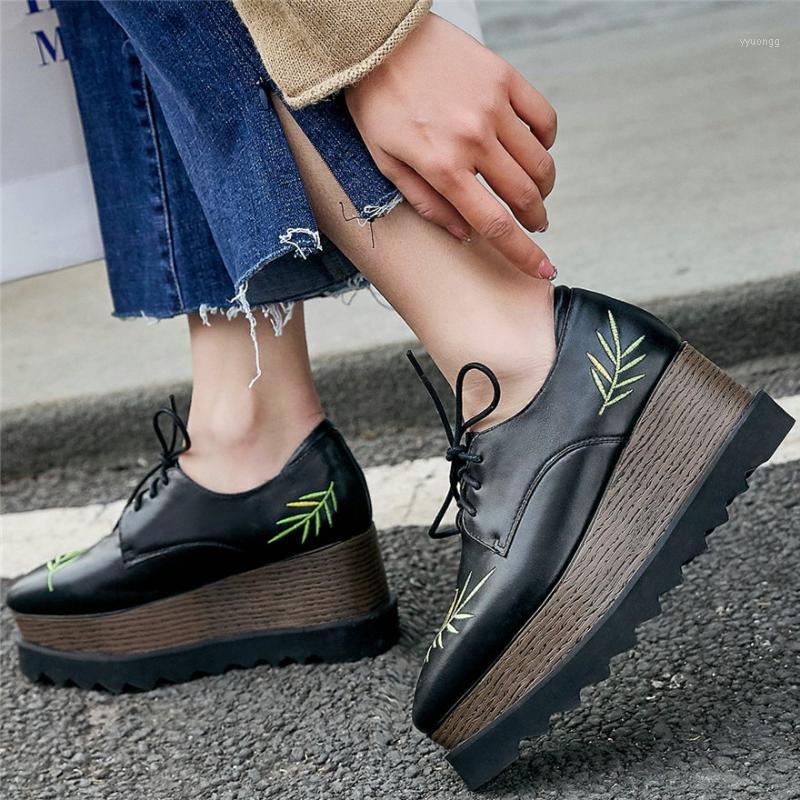 

Fashion Sneakers Women Lace Up Genuine Leather Wedges High Heel Ankle Boots Female Platform Pumps Shoes Punk Casual Travel Shoes1, Black1