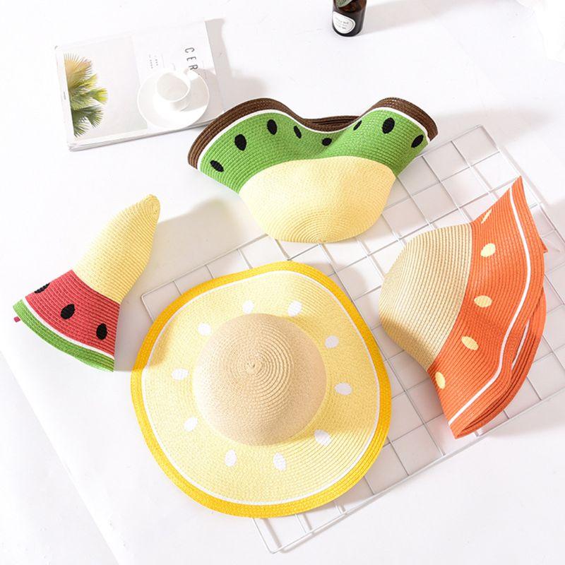 

Adult Child Summer Straw Sun Visor Hat Color Block Watermelon Shape Family Round Top UV Protection Wide Brim Beach Bucket Cap