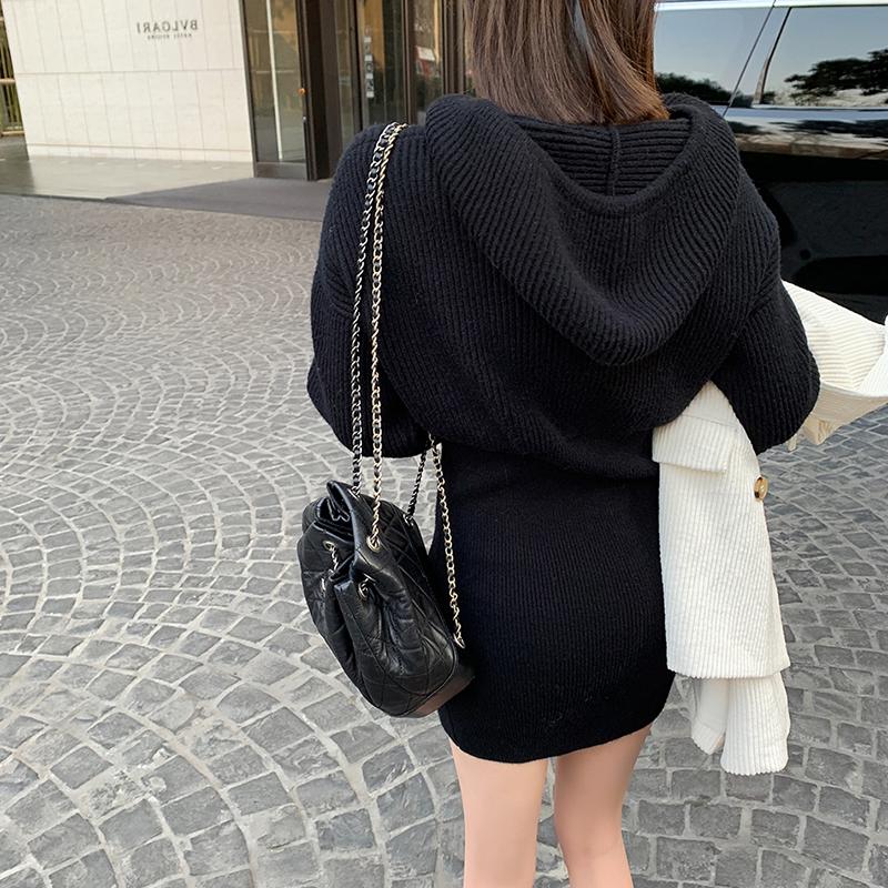 

Casual Dresses Wild Solid Women Black Knitted Dress Mini Wrap Hip Autumn Winter Long Sleeve Hooded Sweater Vestidos De Mujer Sexy, Black;gray