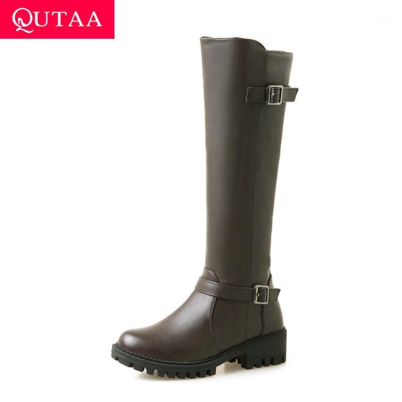 

QUTAA 2021 Buckle Zipper Fashion Knee High Boots Autumn Winter Round Toe Long Boots PU Square Heel Women Shoes Big Size 34-431, Black