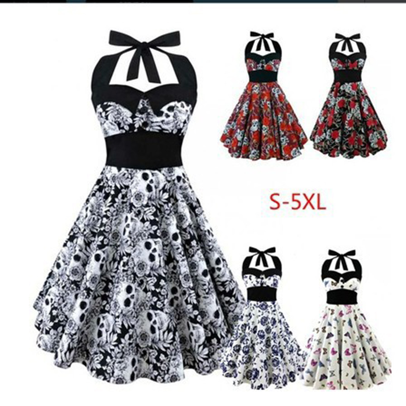 

Large size skull printed dress Women punk strapless halter party dresses Bowknot self gothic, Red black