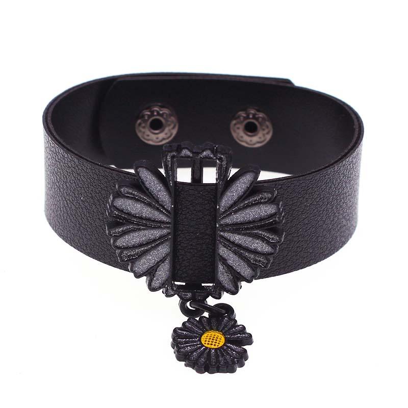 

Tennis Fashion Leather Bracelet For Women Flower Charm Round Wide Wrap Statement Femme Punk Jewelry
