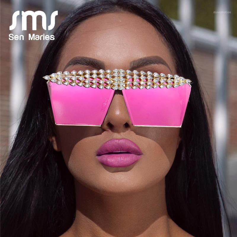 

Luxury Square Diamond Sunglasses Women Men 2020 Flat Top Crystal Punk Sun Glasses Mirror Rhinestones Red Purple Eyewear UV4001
