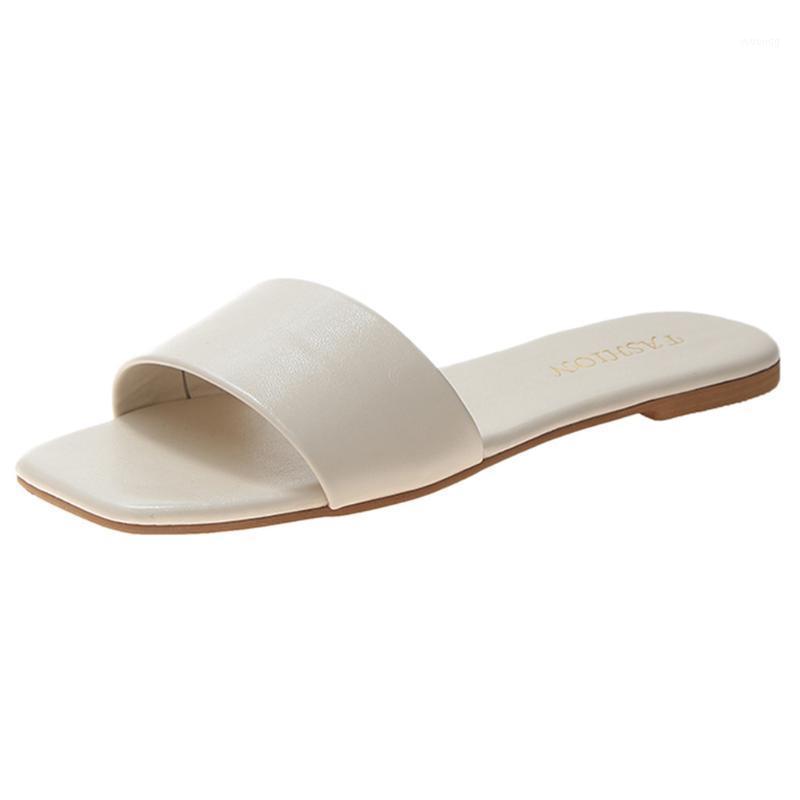 

SAGACE Women's fashion flat slippers square head casual wild large size women's shoes comfortable large size slippers new 20191, Beige