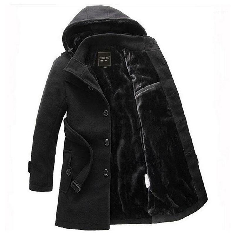 

2020 Men Thick Warm Winter Trench Coat Long Section Turn Down Collar Single breasted Solid Fashion Fleece Jacket Overcoat XXXL1, Black