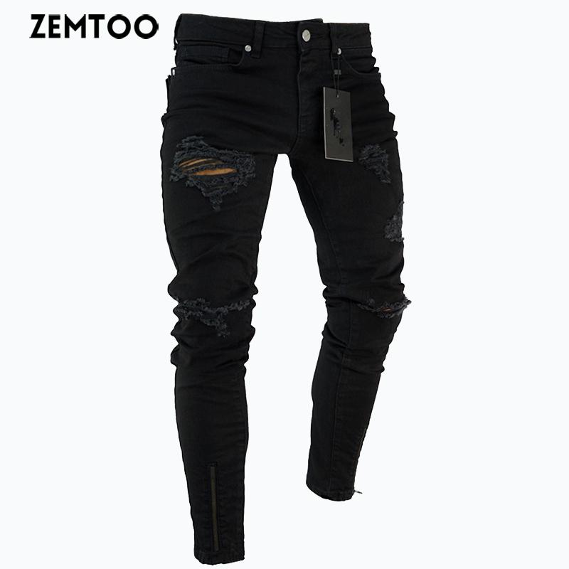 

ZEMTOO Men's black ripped jeans washed frayed trousers zipper decoration pants