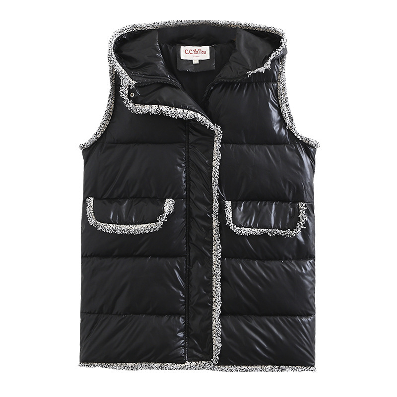 

Size More Autumn 2020 Female Shinny Sleeveless Cuts Vest Warm Hoodie Short Jacket I24i, Black