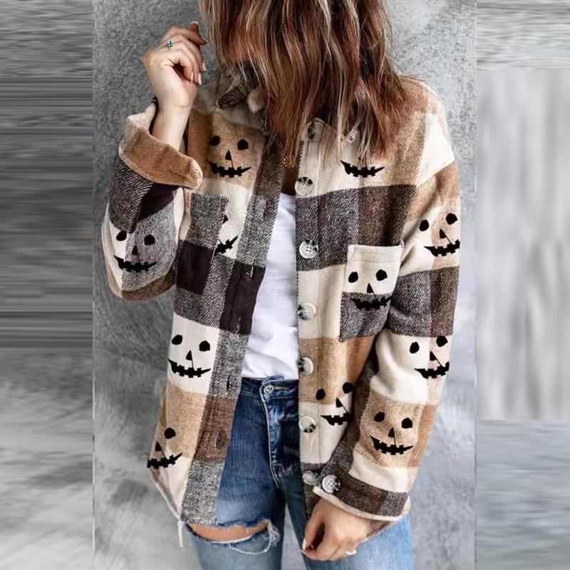 

Women's Blouses & Shirts Harajuku Halloween Casual Print Cardigan Blouse Autumn Winter Women Fashion Lapel Tops Coat Female Button Shirt Blu, White