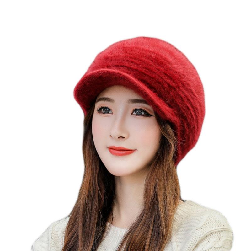 

Women Fur Berets Hat For Winter Knitted Beanies Ticken Warm Skullies Solid Colors Lady Hats 2020 Fashion Caps Autumn, Red