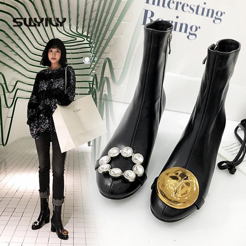 

SWYIVY Women Ankle Boots 2020 Autumn Ladies Fashion High Heel Genuine Leather Shoes Woman Block Heel Asymmetric Designer Black1, Black