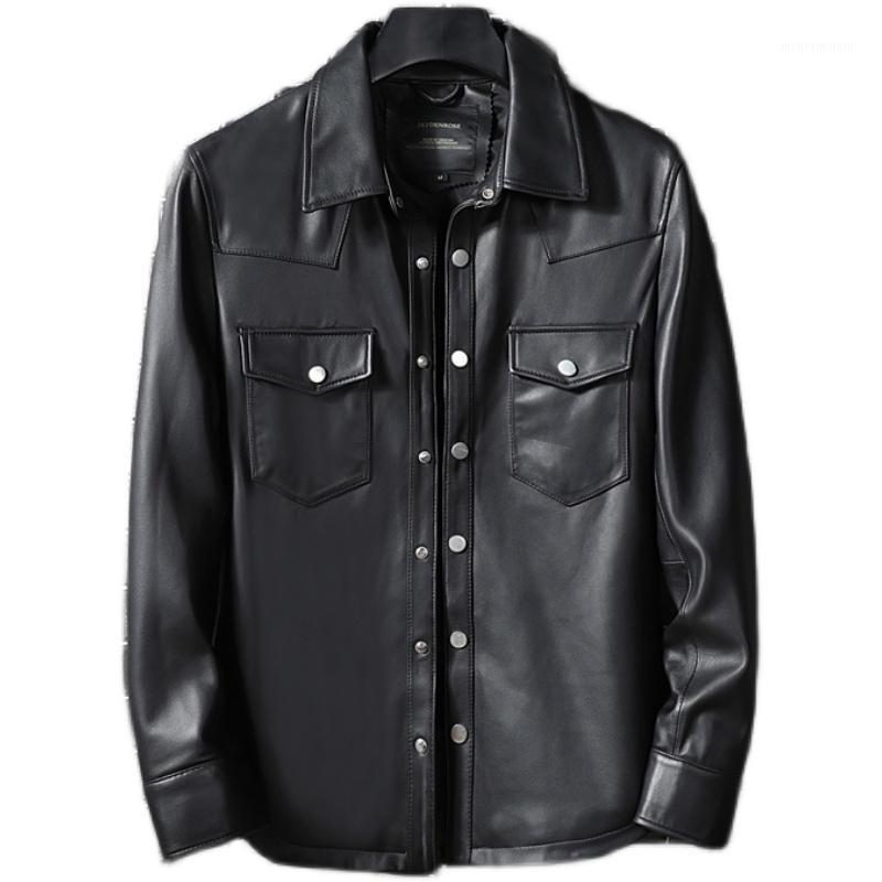 

2020 Black Casual Style Genuine Leather Shirt Men Plus Size 4XL Single Breasted Real Thin Sheepskin Spring Slim Fit Natural Coat1