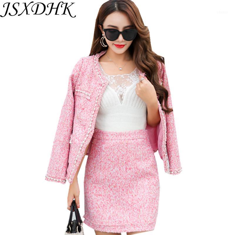 

Autumn Winter Women 2 Piece Set 2020 Pink Beading Pearl Tweed Wool Blends Tassel Jacket Coat + Bodycon Pencil Skirt Suits1, Blue