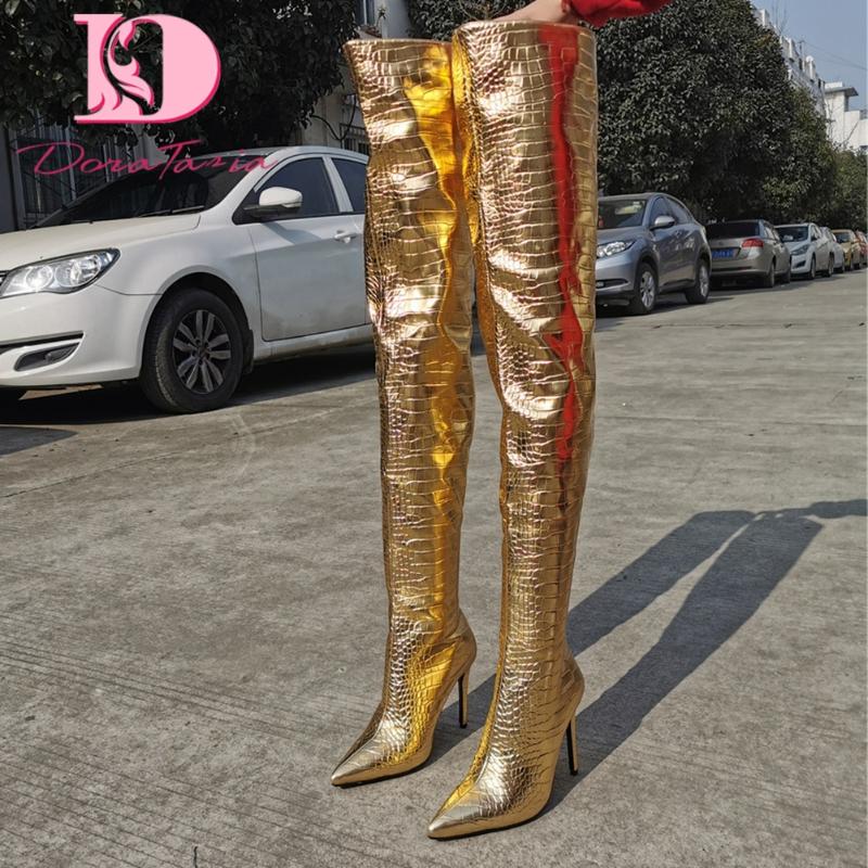 

DoraTasia Plus Size 35-47 Female Thin High Heels Over The Knee Boots Pointed Toe Thigh High Boots Women Sexy Golden Shoes Woman, Gold