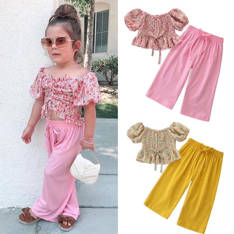 

Toddler Kids Baby Girls Clothes Set Summer Off Shoulder Floral Crop Top and Long Pants 2-6T Cute Lovely Sweet Streetwear Outfits, Pink