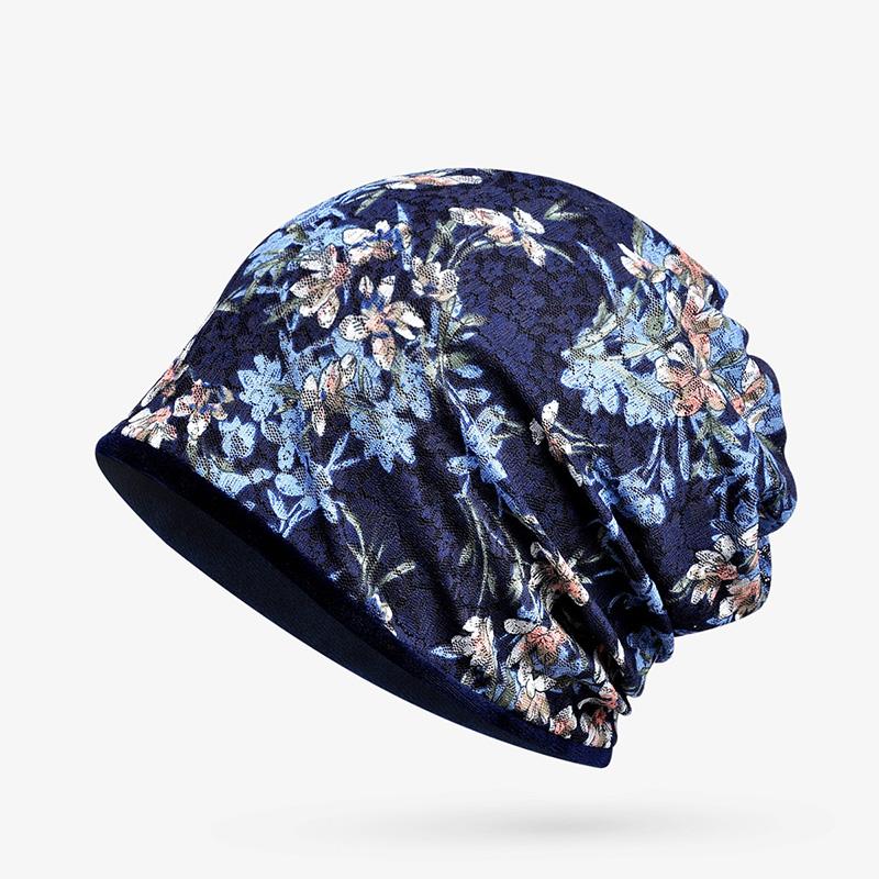 

Spring and Autumn Thin Lace Printed Muslim Women's Baotou Hat Summer Outdoor Elegant Fashion Flower Hat Casual Street Dating, Blue