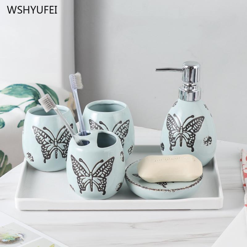 

Embossed Butterfly Ceramic Bathroom Suite Home Hotel Bathroom Soap Dish Soap Bottle Cup Accessories Set Wedding Gift