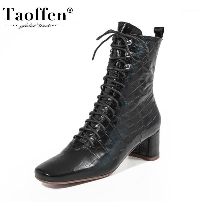 

TAOFFEN New Design Woman Ankle Boots Real Leather Stone Parttern Woman Winter Shoes Cool Fashion Short Boots Size 34-391, Blue