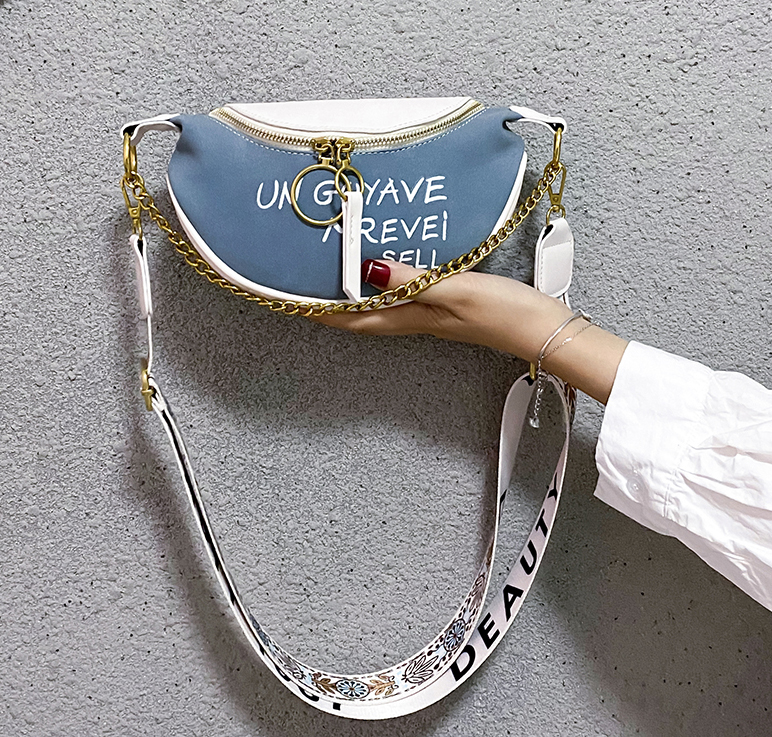

Fashion chest bag women European and American design sense shoulder bag nubuck leather chain letter saddle bag, street trend mini bag, Blue
